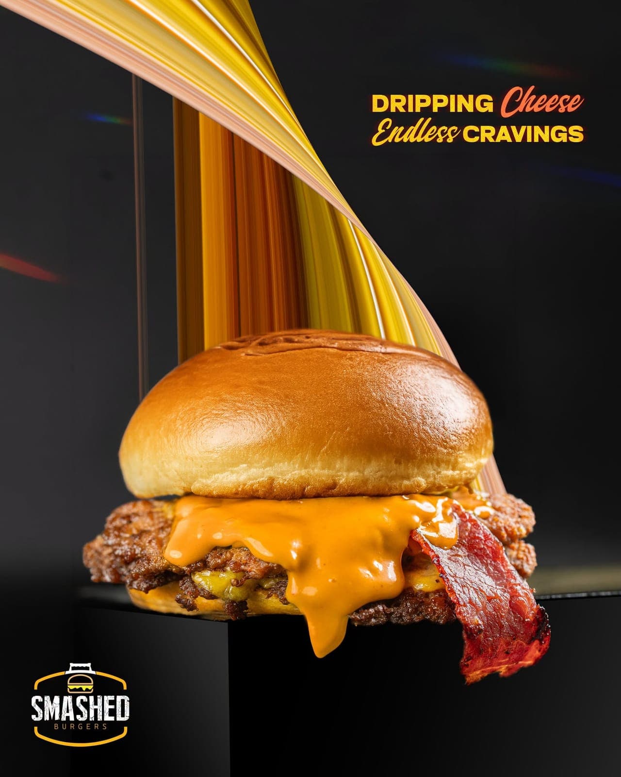 Smashed beef burger with dripping cheese and bacon