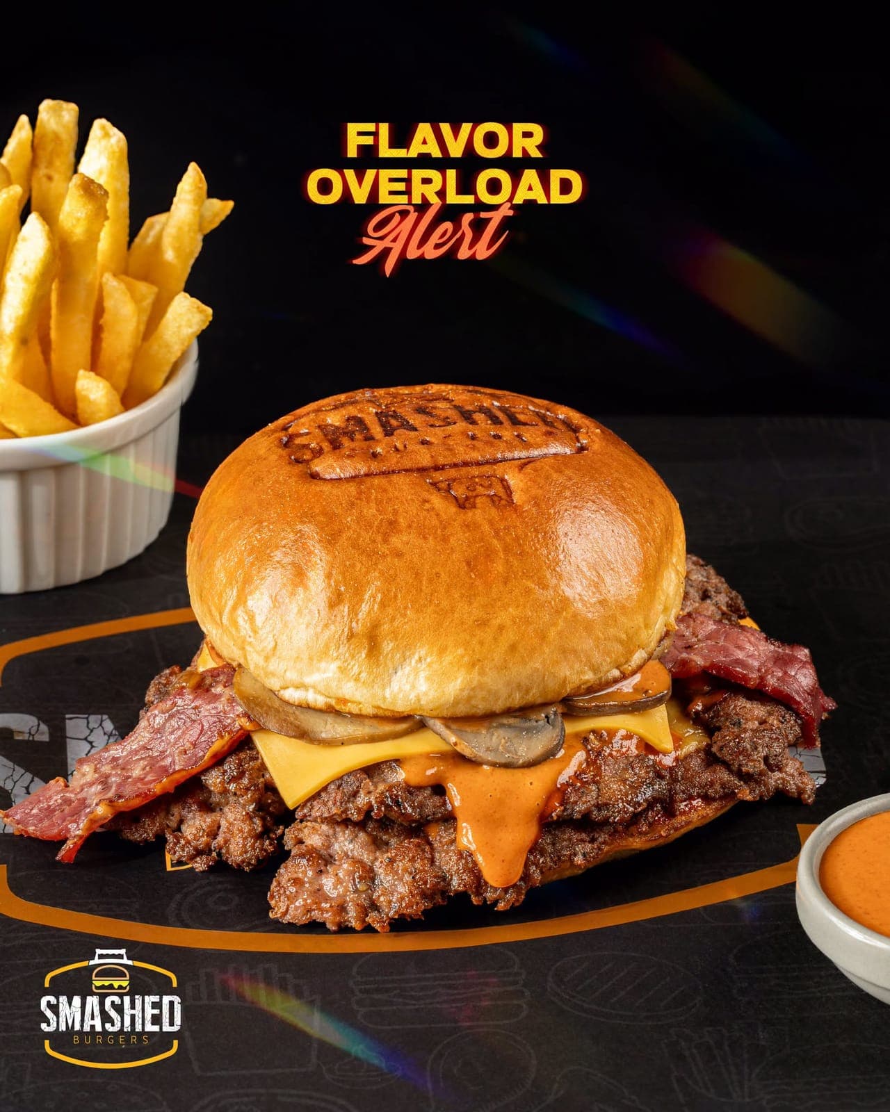 Double smashed beef burger with mushrooms and bacon