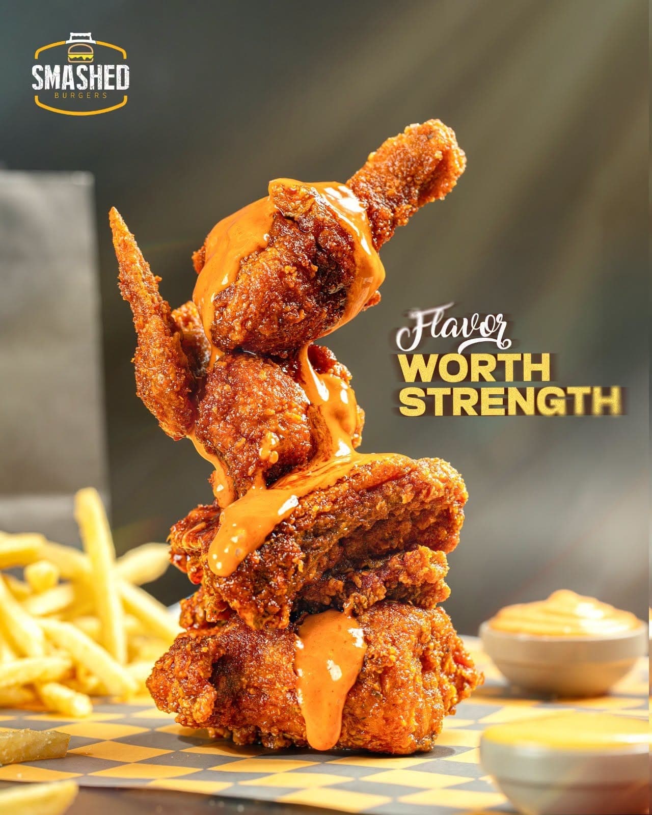 Tower of glazed fried chicken