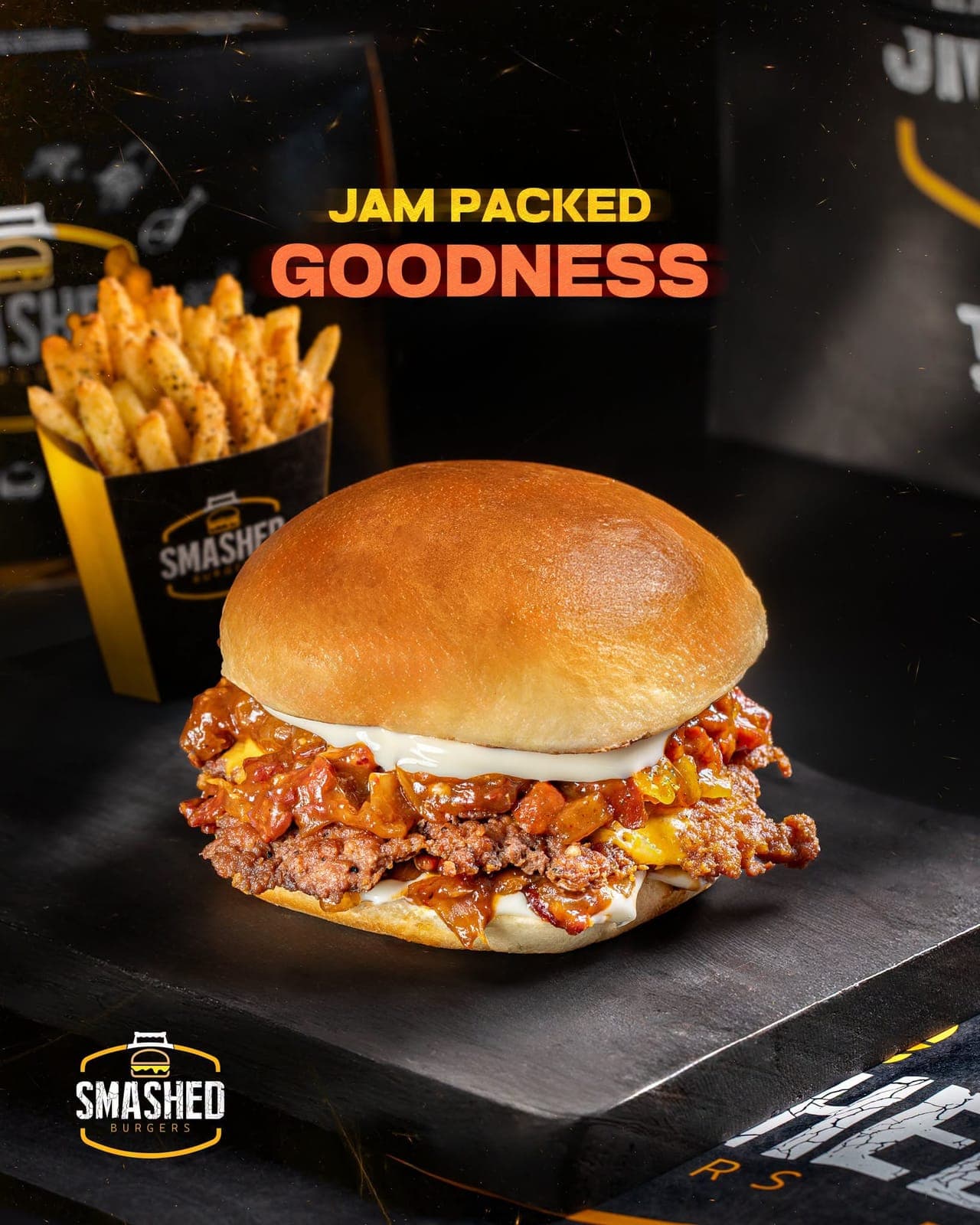Smash N' Jam burger with seasoned fries