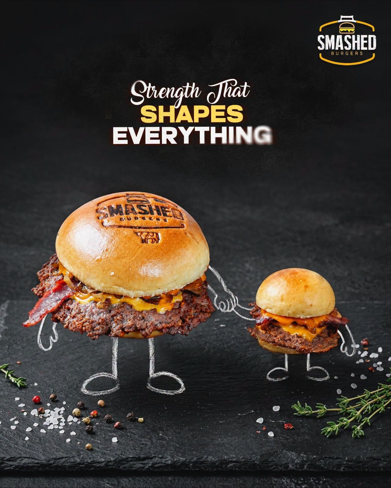 A big and a little smashed burger holding hands